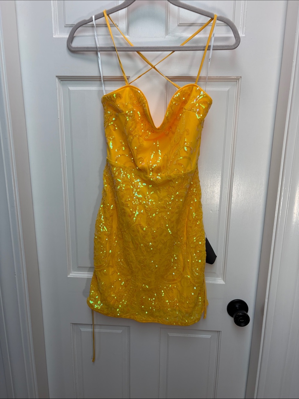 Lulu's Yellow Sequin Mini Dress with Crisscross Straps
